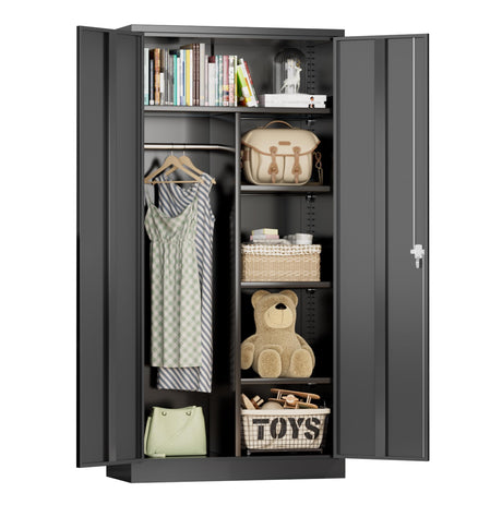 Greenvelly Metal Storage Wardrobe Cabinet with Lock, 72" Metal Wardrobe Closet for Hanging Clothes with Doors and Shelves, Tall Clothes Closet for Home, Office and Bedroom, School,Gym(Black) Greenvelly