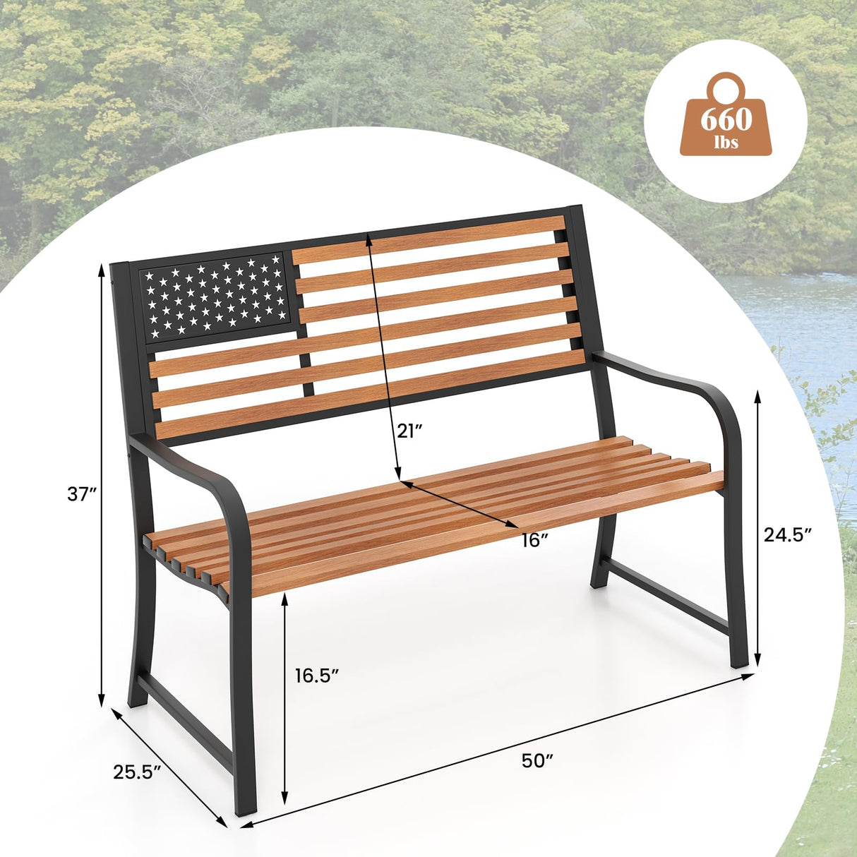 Tangkula 50” Patriotic Metal Garden Bench for 2 with Rustic Wood Finish and Ergonomic Design Tangkula