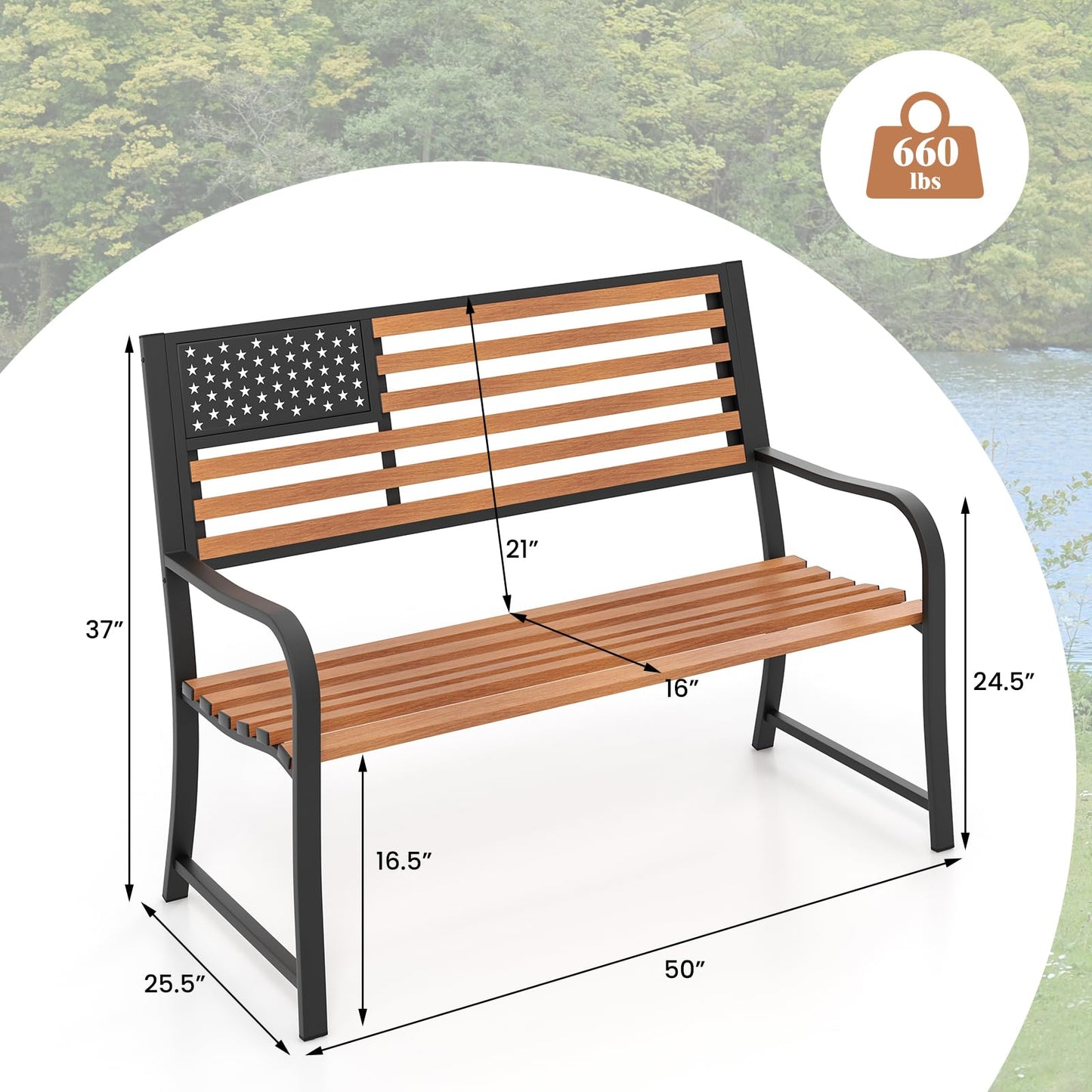 Tangkula 50” Patriotic Metal Garden Bench for 2 with Rustic Wood Finish and Ergonomic Design - WoodArtSupply