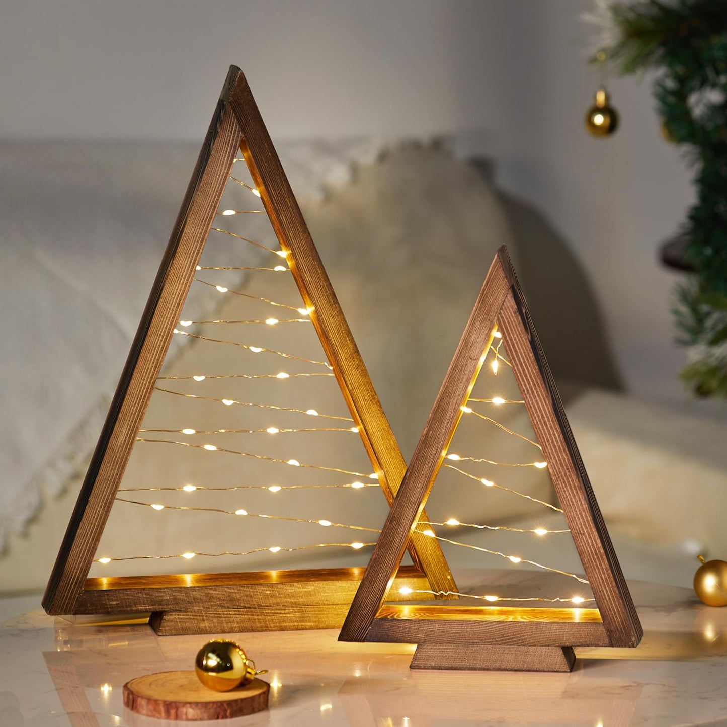 SOONOW Wood Christmas Tree with Lights, Modern Farmhouse Lighted Tabletop Christmas Tree for Home Table Fireplace Mantle Shelf Decor, Christmas Holiday Decorations Set of 2 (Large 13.3" & Small 9.8")