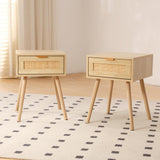 FUQARHY Rattan Nightstand Set of 2, Boho Side Table with Drawer, Mid Century Modern, End Table with Wood Legs for Bedroom, Dorm and Small Spaces FUQARHY