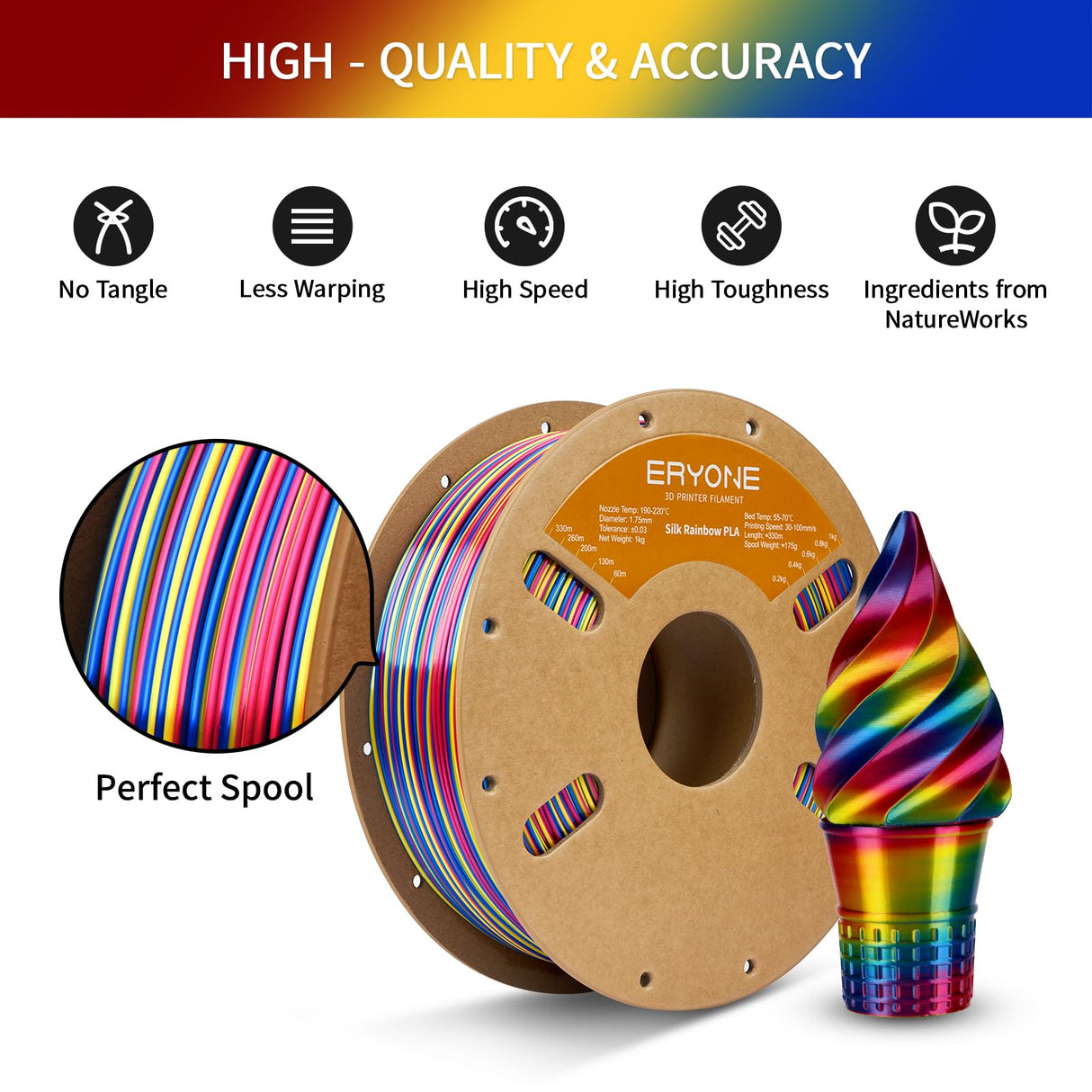 ERYONE Silk Twist Rainbow 3D Printer PLA Filament 1.75 +/-0.03mm, Shiny Multicolor Filament PLA 1KG(2.2LBS), Psychedelic (Red Yellow Blue) ERYONE