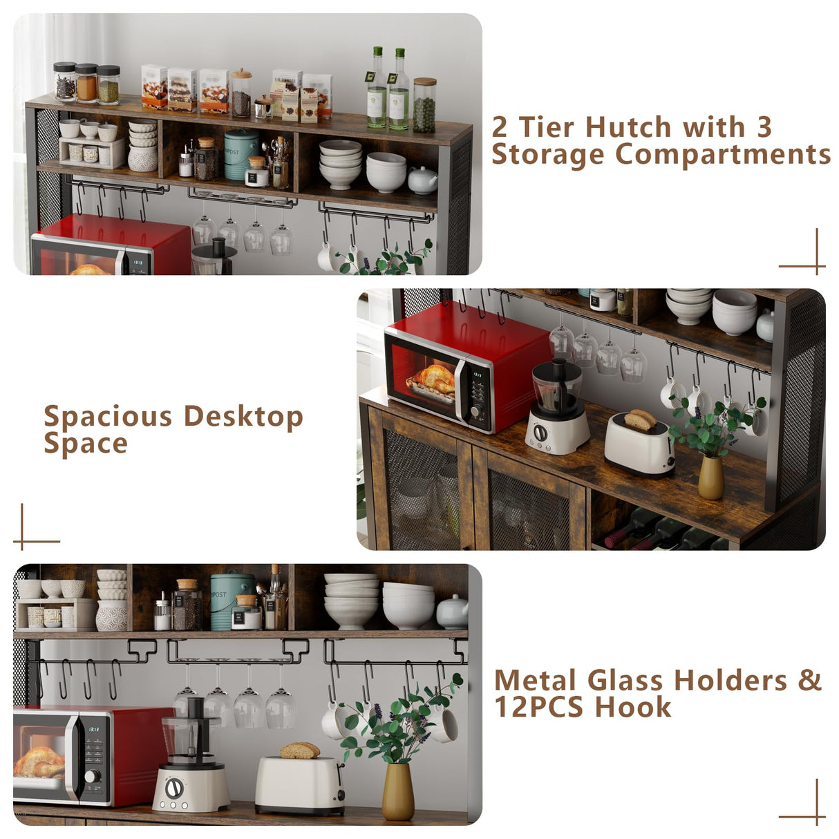 Loomie Wine Bar Cabinet with LED Lights, Industrial Coffee Bar Cabinet with 3 Storage Compartments & Wine Rack &Glass Holder,Sideboard Buffet Cabinet for Liquor and Glasses,Liquor Cabinet,Rustic Brown Loomie