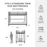 DHP Daven Easy Assembly Metal Bunk Bed for Kids, Teens and Adults, with Ladder, High Guardrail, Metal Slats, Smooth Rounded Edges, No Boxspring Required, Twin-Over-Twin, Black DHP