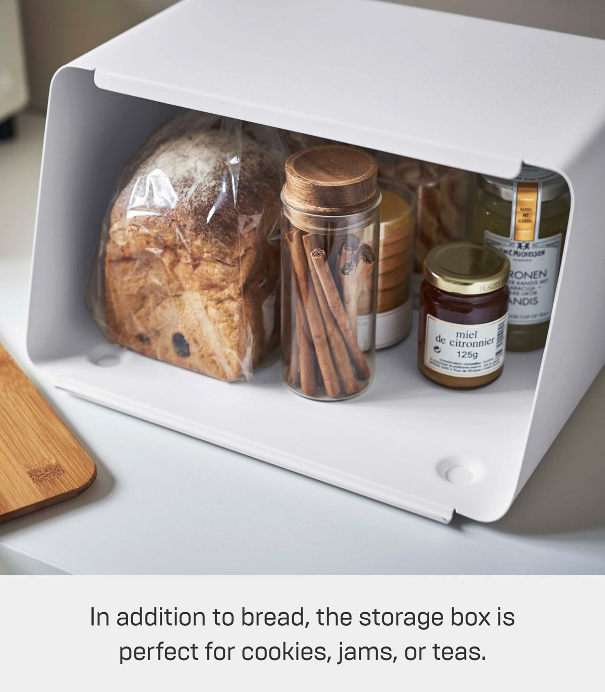 Yamazaki Home Metal Bread Box With Removable Bamboo Wooden Cutting Board Lid, Kitchen Storage Box YAMAZAKI