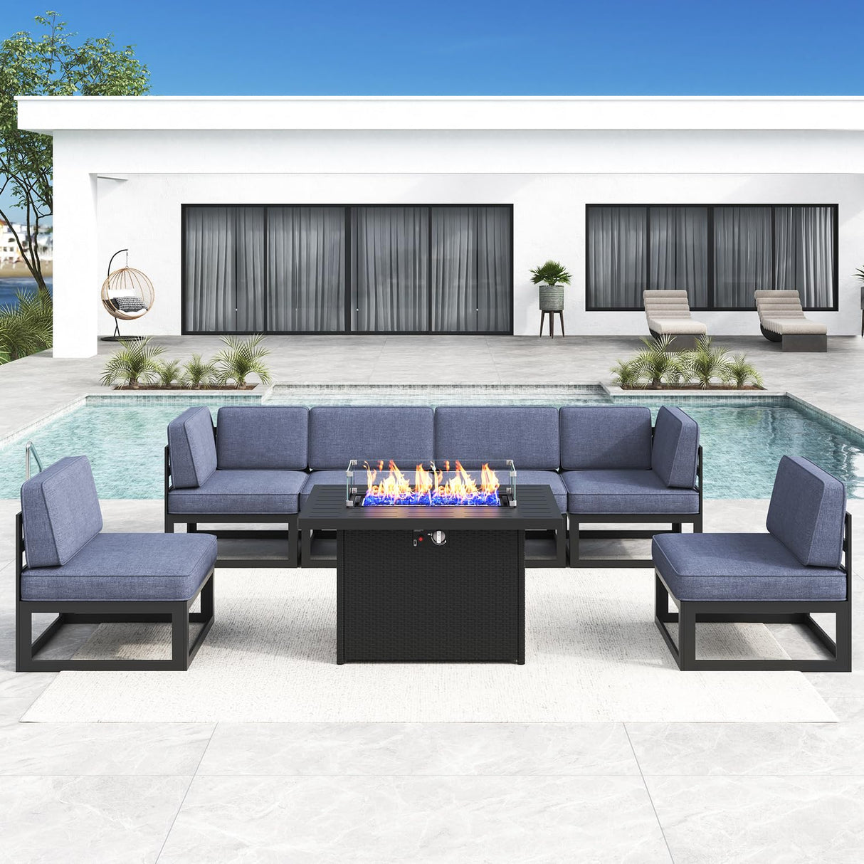 LayinSun Large Aluminum Patio Furniture Set with Fire Pit Table, 7 Pieces Modern Outdoor Conversation Set Sectional Metal Sofa Set with Olefin Cushion LayinSun