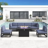 LayinSun Large Aluminum Patio Furniture Set with Fire Pit Table, 7 Pieces Modern Outdoor Conversation Set Sectional Metal Sofa Set with Olefin Cushion LayinSun