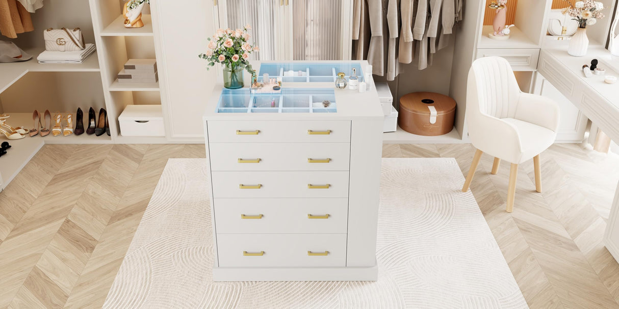 JanflyHome Closet Island with Open Shelves, Modern Glass Top Dresser with LED Lights, Tall Chest of Drawers with Jewelry Organizer for Bedroom,Living Room, Bedroom, Hallway, Entryway, White JanflyHome