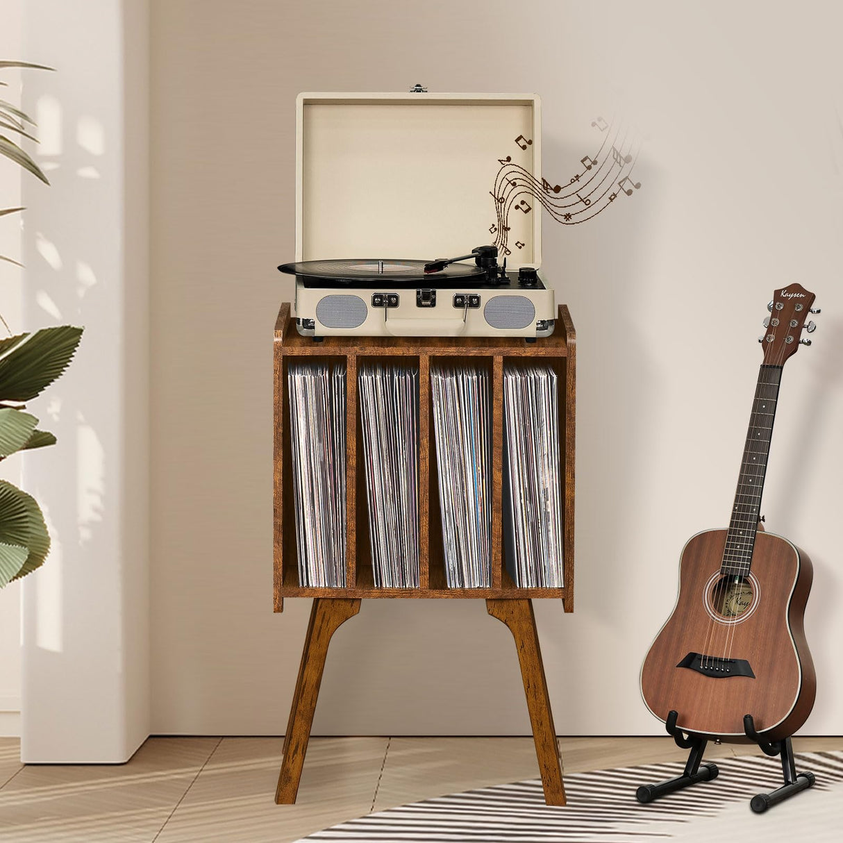 Lerliuo Record Player Stand with Storage Holds Up to 80 Albums, Turntable Stand with Beech Wood Legs, Mid-Century Record Player Table,Brown Vinyl Holder Display Shelf for Bedroom Living Room Lerliuo