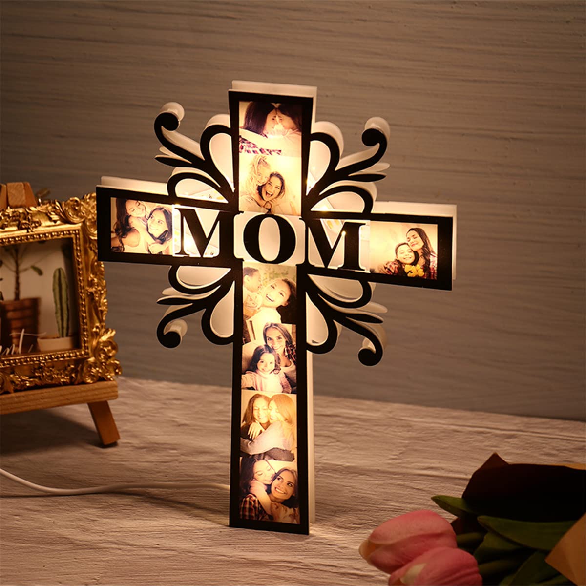 Custom Photo led Light up Cross Decoration, Personalized Acrylic Picture Night Lights Gifts for Dad Mom from Daughter Son Mother Day Father Day Mom Dad Gifts for Men Wife Husband Women CDON