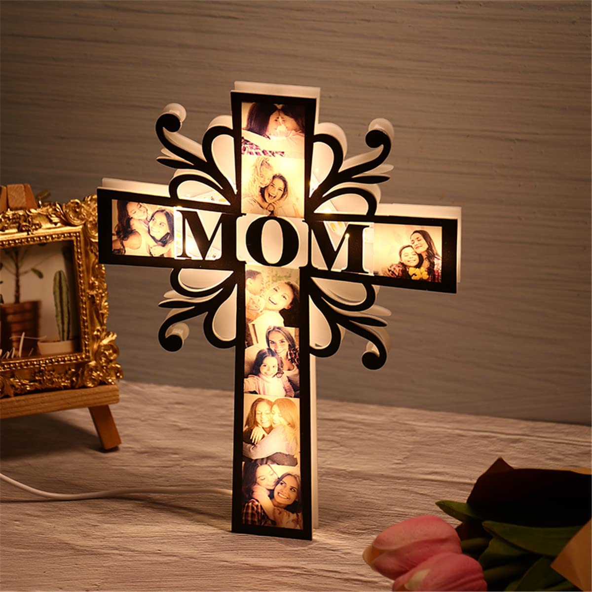 Custom Photo led Light up Cross Decoration, Personalized Acrylic Picture Night Lights Gifts for Dad Mom from Daughter Son Mother Day Father Day Mom Dad Gifts for Men Wife Husband Women - WoodArtSupply