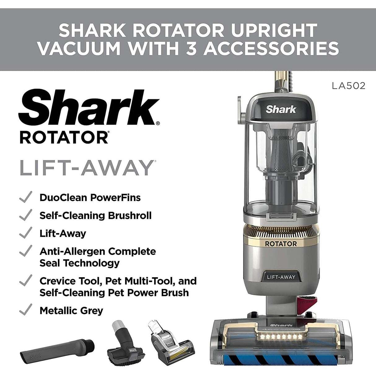 Shark LA502 Rotator Vacuum Vacuum with Self Brushroll Powerful Pet Hair Pickup and HEPA Filter, Lift-Away Upright w/Duo Clean, Silver Shark
