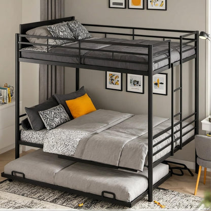 UOCFYK Queen Over Queen Bunk Bed with Trundle, Heavy-Duty Metal Bunkbed with Ladders & Full-Guardrail for Kids/Teen/Adults, Noise-Free Wood Slats, Space Saving, No Box Spring Needed, Black