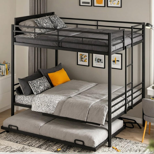 UOCFYK Queen Over Queen Bunk Bed with Trundle, Heavy-Duty Metal Bunkbed with Ladders & Full-Guardrail for Kids/Teen/Adults, Noise-Free Wood Slats, Space Saving, No Box Spring Needed, Black