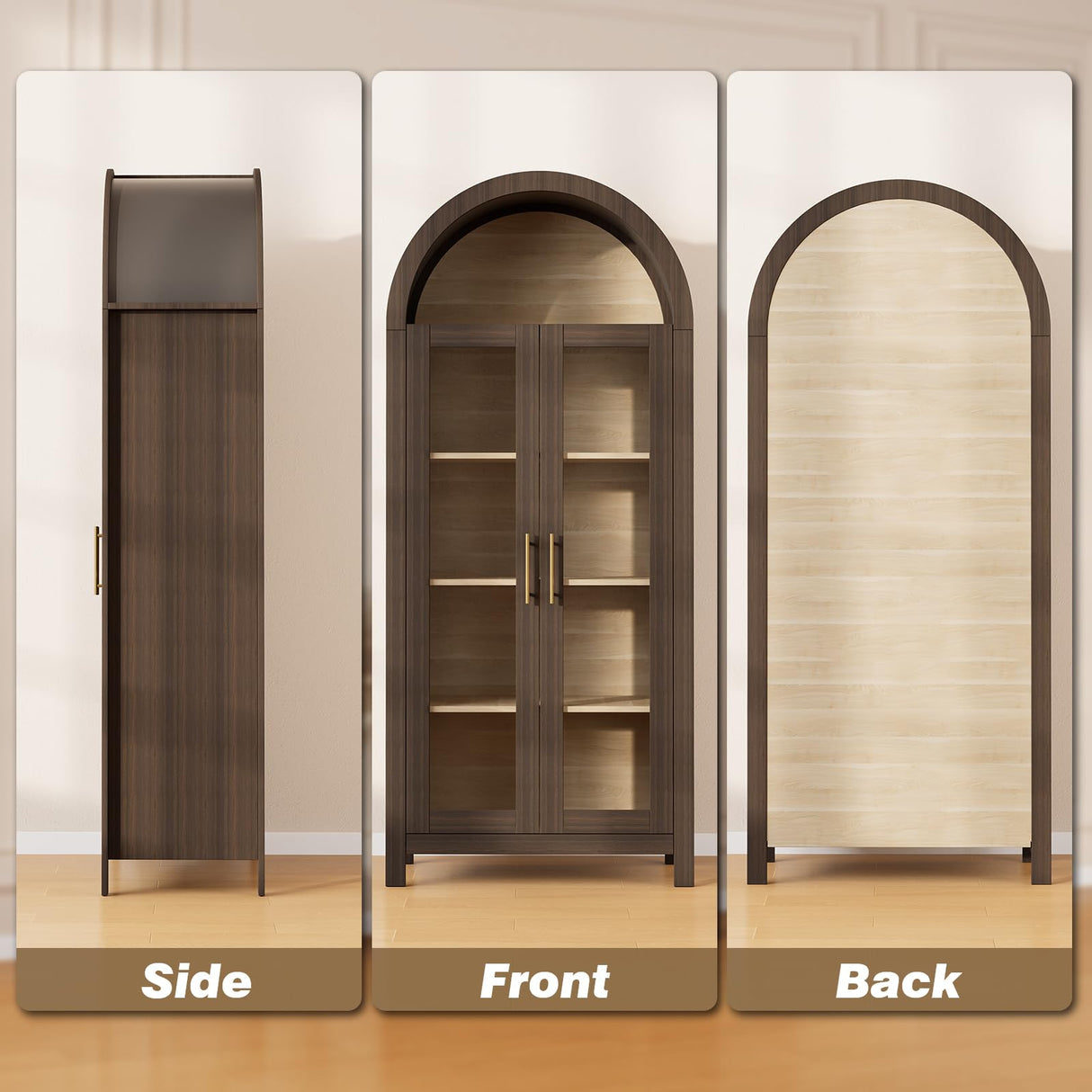 Skyrain 73'' Tall Arched Cabinet, Wood Kitchen Pantry Cabinets with Glass Doors, 5-Tier Storage Hutch with Adjustable Shelves & Metal Handles, Modern Bookcase for Dinning Room, Living Room, Brown Skyrain