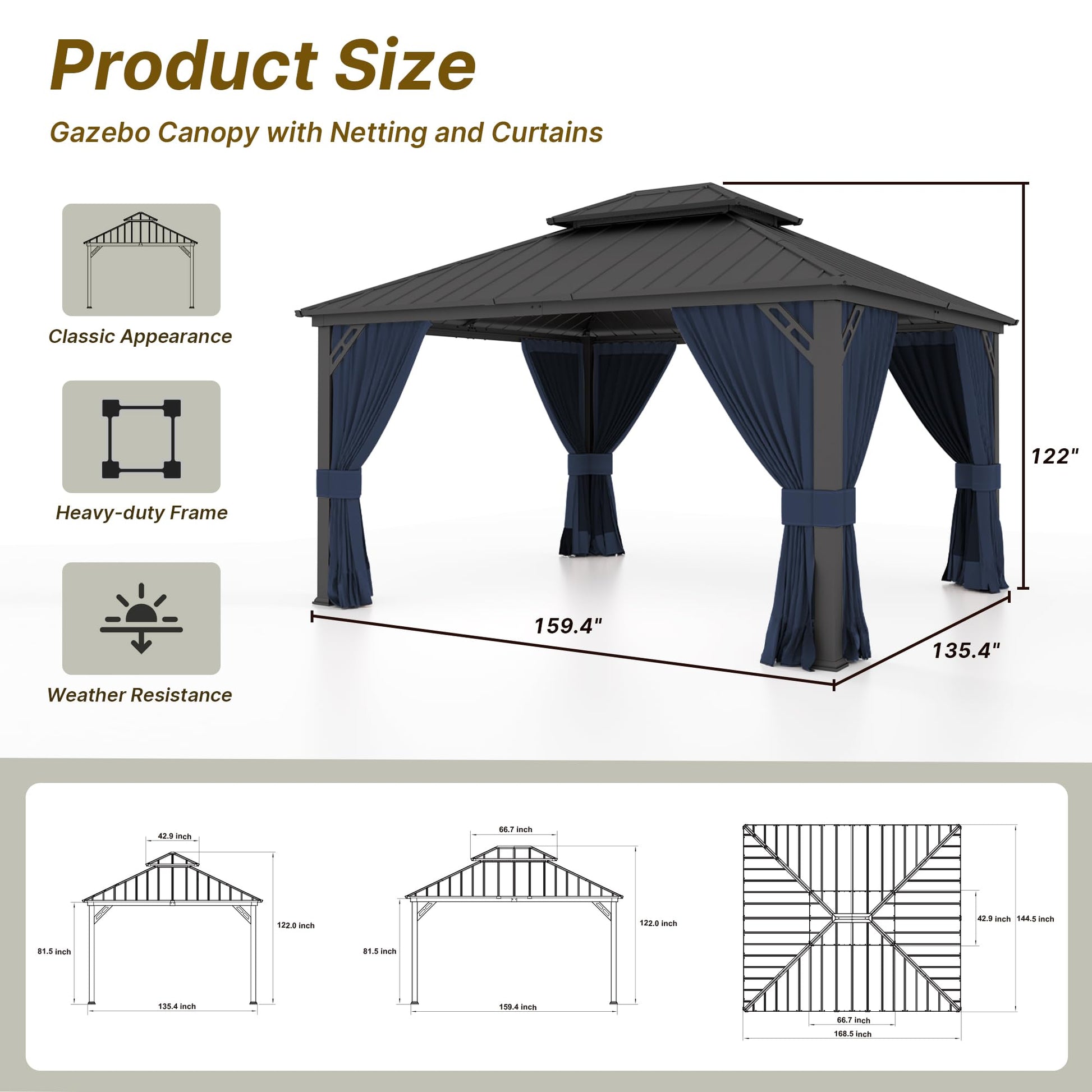 Gotland 2024 New 12' x 14' Hardtop Gazebo, Outdoor Iron Metal Double Roof Pergola with Curtains and Netting for Patio, Garden, Lawn, Navy - WoodArtSupply