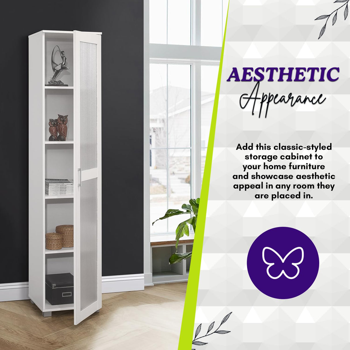 Kings Brand Furniture Romero Tall Curio Storage Cabinet - Tall Bookshelf Perfect for Living Room, Kitchen, Bedroom & Office - Storage Cabinet with 5 Storage Shelving & 1 Glass Door Display - White Kings Brand Furniture