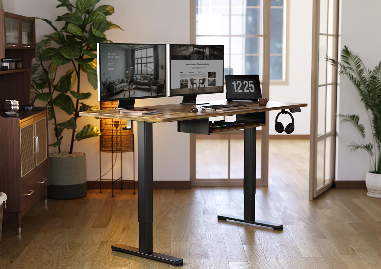 YDN Electric Standing Desk with Spacious Keyboard Tray, 55 Inch Height Adjustable Desk, Brown Stand Up Desk, Computer Office Desk, Rustic Brown YDN
