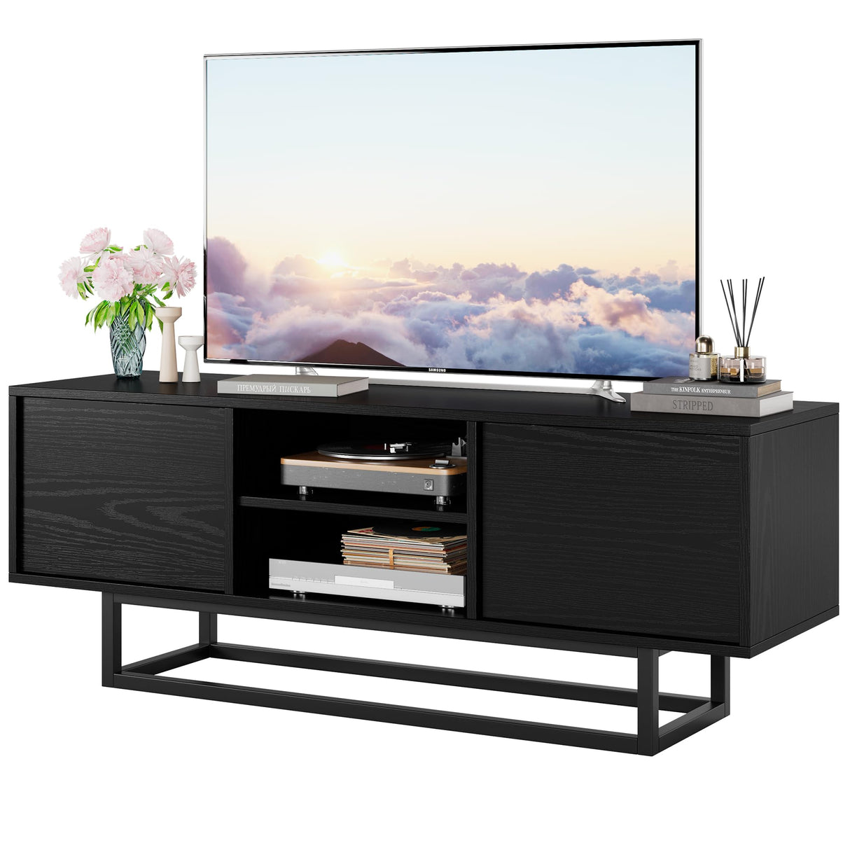 HAIOOU TV Stand for 50 55 Inch TV, Modern TV Console Small Entertainment Center with Sturdy Metal Base, Push-to-Open Doors and Soft-Close Hinges for Living Room, Bedroom - Wood Grain Black HAIOOU