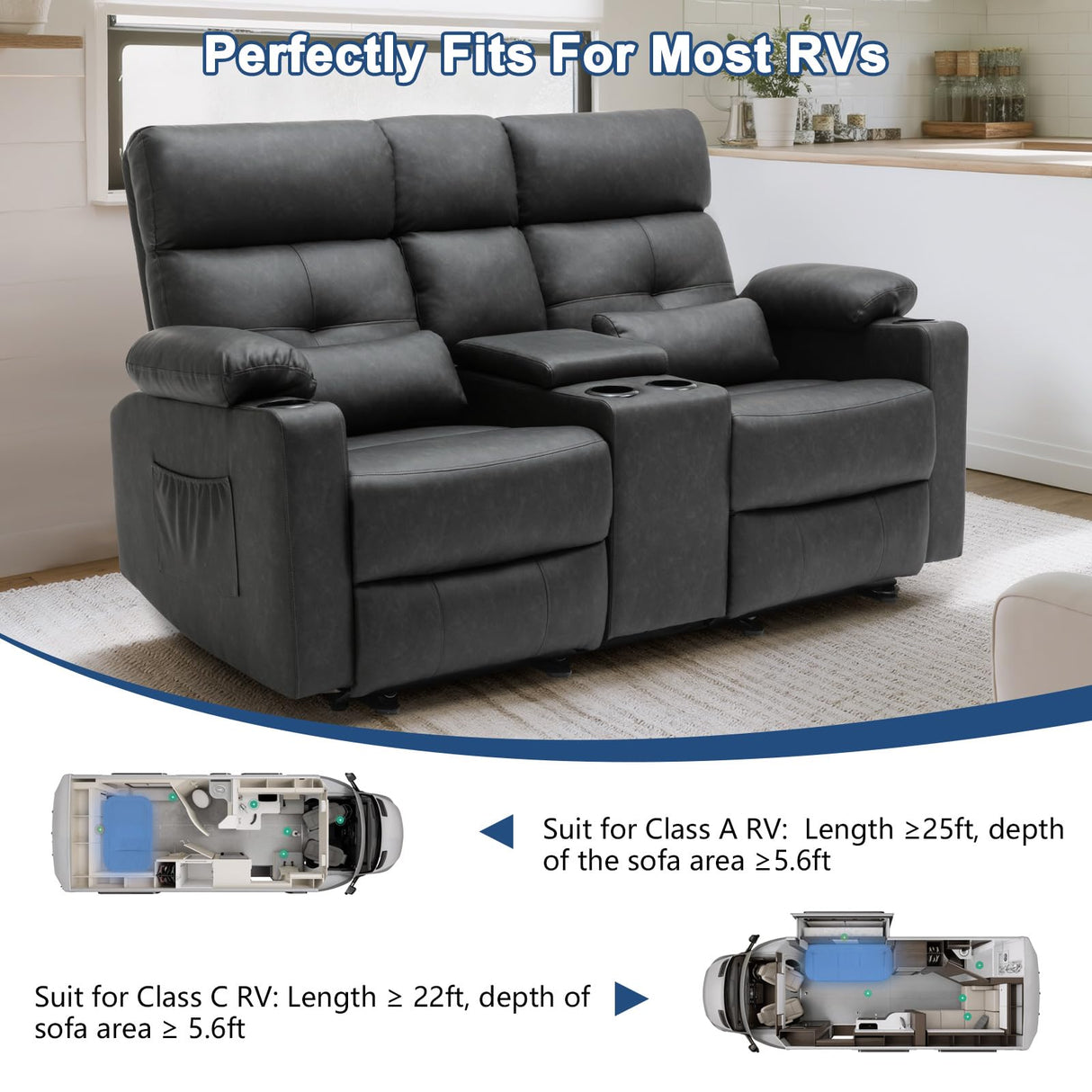 RIHEREFY 68'' RV Power Loveseat Sofa Recliner | Wall Hugger Loveseat | Double Reclining Sofa with Cup Holder | Recliner with Heat and Massage | Theater Seating(PU, Black-Gray) RIHEREFY