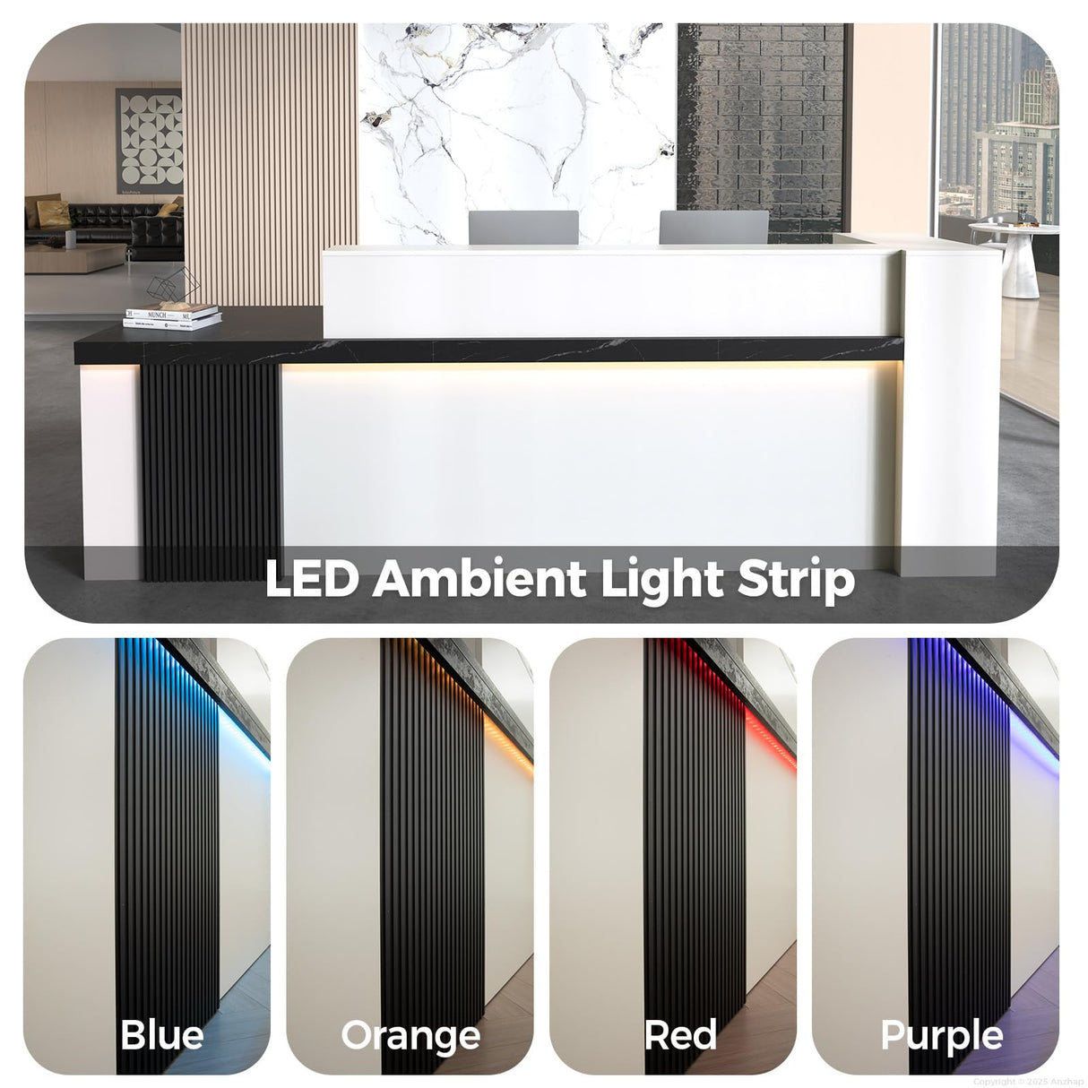 Anzhap L-shaped Standing Reception Desk with LED Lights, Front Desk Reception Counter with Drawer, Open Storage Cabinets for Office, Salon, Lobby (Black Grain + White Grain/Left, 71"L * 24"W * 39"H) Anzhap