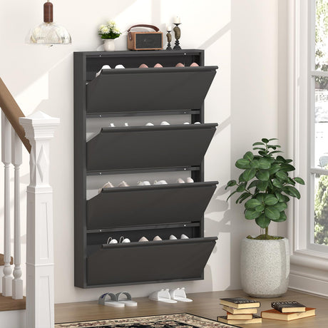 GREATMEET Black Shoe Cabinet Storage for Entryway, Narrow Shoe Cabinet for Entryway Slim, Wall Mounted Metal Hidden Shoe Organizer with 4 Flip Drawers GREATMEET