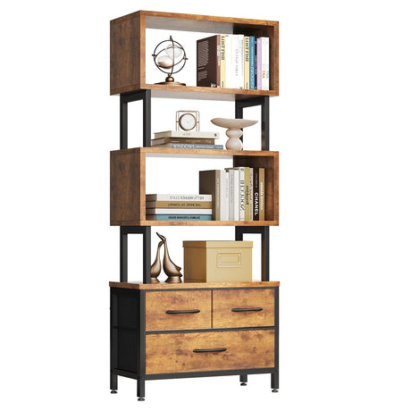 Casaottima 7 Tier BookShelf, Tall Geometric Bookcase with Fabric Drawers, Modern Display Book Shelves Book Case for Living Room Bedroom, Wood Decorative Standing Shelving Unit for Home Office, Vintage Casaottima