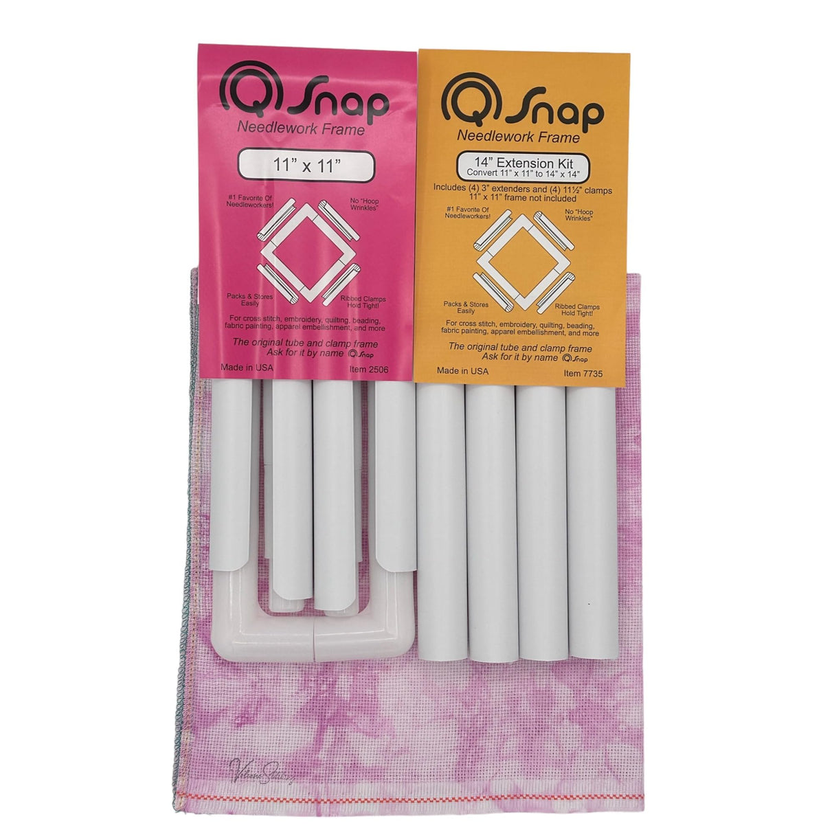 Q Snap Embroidery Frame Needlework Bundle - 11x11 inch Q-Snap Frame and 14 inch Extension Kit Set with Hand-Dyed Aida 16 Count Cross Stitch Fabric by VolcanoStitching VolcanoStitching