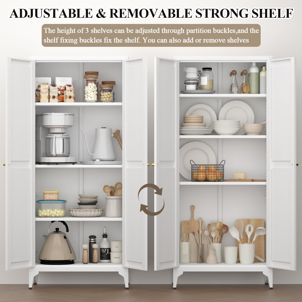 FATIGOS Metal Pantry Storage Cabinet, Kitchen Pantry Cabinets with 2 Doors and Adjustable Shelves, 65" White Metal Pantry Cabinet, Steel Locker for Kitchen, Living Room, Dining Room FATIGOS