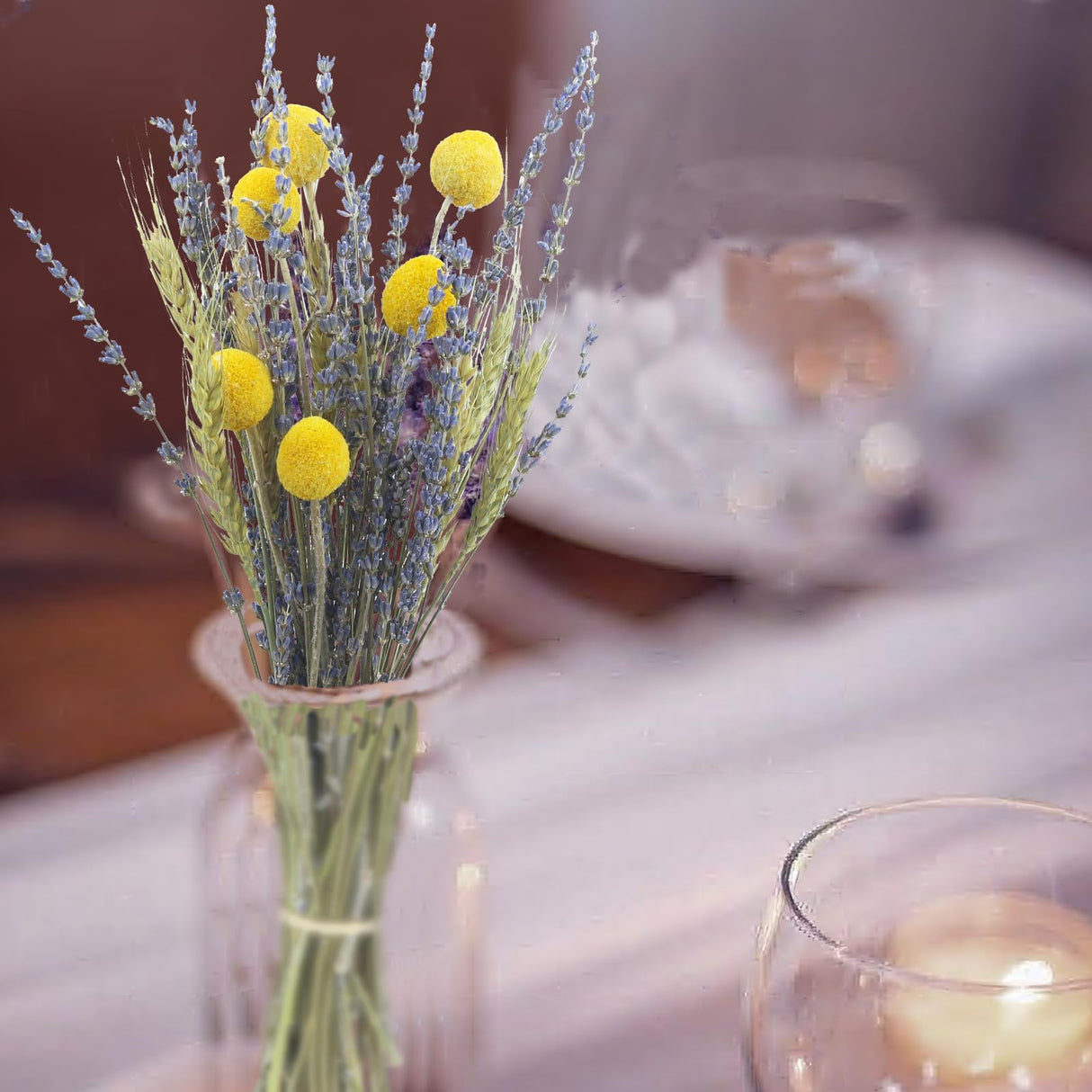 CISDUEO Dried Flowers Bouquet Dried Wheat Stalks Bundle Natural Lavender Dried Flowers Craspedia Flowers Dried Floral Arrangements for Wedding Party Table Centerpiece Decor Farmhouse DIY CISDUEO