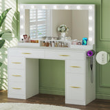 HUAHUU Makeup Vanity Desk with Lights, Vanity Desk with Large Mirror, White Vanity with 6 Large Drawers & 1 Cabinet & Power Outlet, 3 Lighting Color Adjustable, Bedroom HUAHUU
