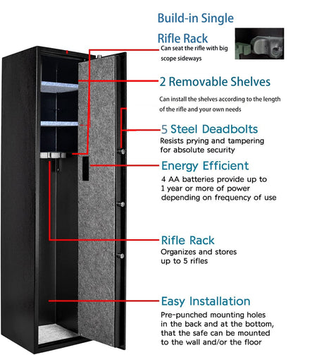 Quicktec Larger and Deeper Rifle Safe, New and Improved Gun Safe for 5-6 Rifles and Shotguns for Home, Quick Access Gun Storage Cabinet (w or w/o Scope) with Pistol Lockbox Silent Mode quicktec