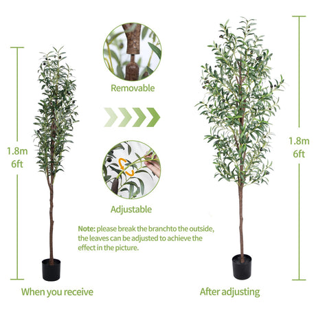 CETRD Artificial Olive Tree, 6FT Tall Faux Olive Trees 72in Outdoor Fake Potted Silk Plant with Trunk and Realistic 648 Leaves and 24 Fruits for Modern Office Home Decor Indoor（1pack） CETRD