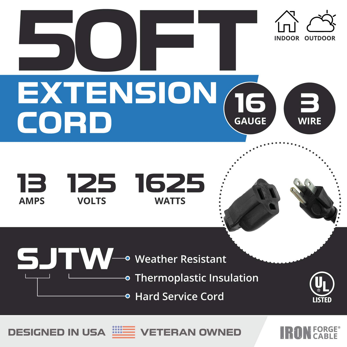 Iron Forge Cable 50 Ft Extension Cord, 16/3 Black 50 Foot Extension Cord Indoor & Outdoor Use, 3 Prong, Weatherproof, US Veteran Owned, Great for Outside, Landscaping & Lawn IRON FORGE CABLE