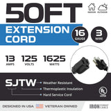 Iron Forge Cable 50 Ft Extension Cord, 16/3 Black 50 Foot Extension Cord Indoor & Outdoor Use, 3 Prong, Weatherproof, US Veteran Owned, Great for Outside, Landscaping & Lawn IRON FORGE CABLE