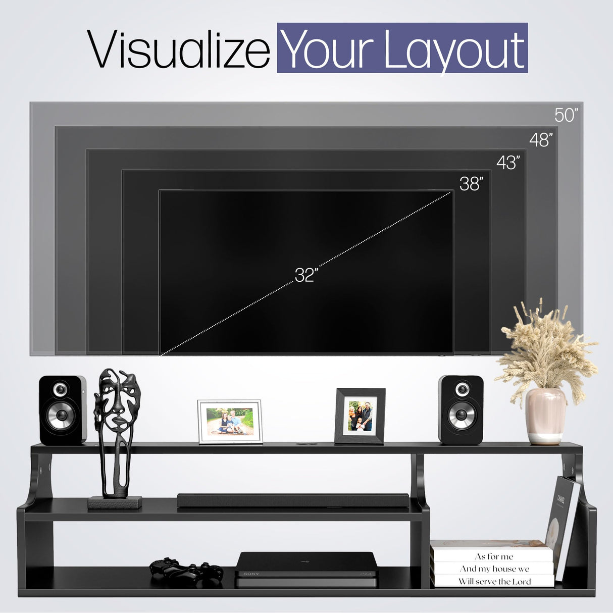 DIZAII Floating TV Stand, 3 Tier Floating Entertainment Center, 43" Floating TV Stand Wall Mounted, Floating TV Shelf, Black Under TV Cabinet, Floating Shelf for Under TV DIZAII