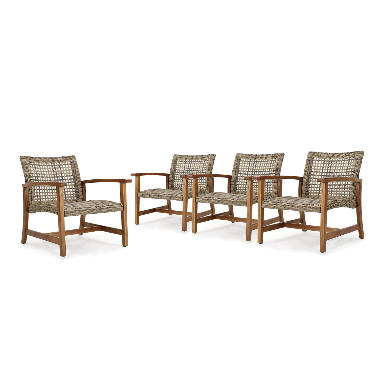 Christopher Knight Home Hampton Outdoor Mid-Century Wicker Club Chairs with Acacia Wood Frame, 4-Pcs Set, Natural Stained / Grey Christopher Knight Home