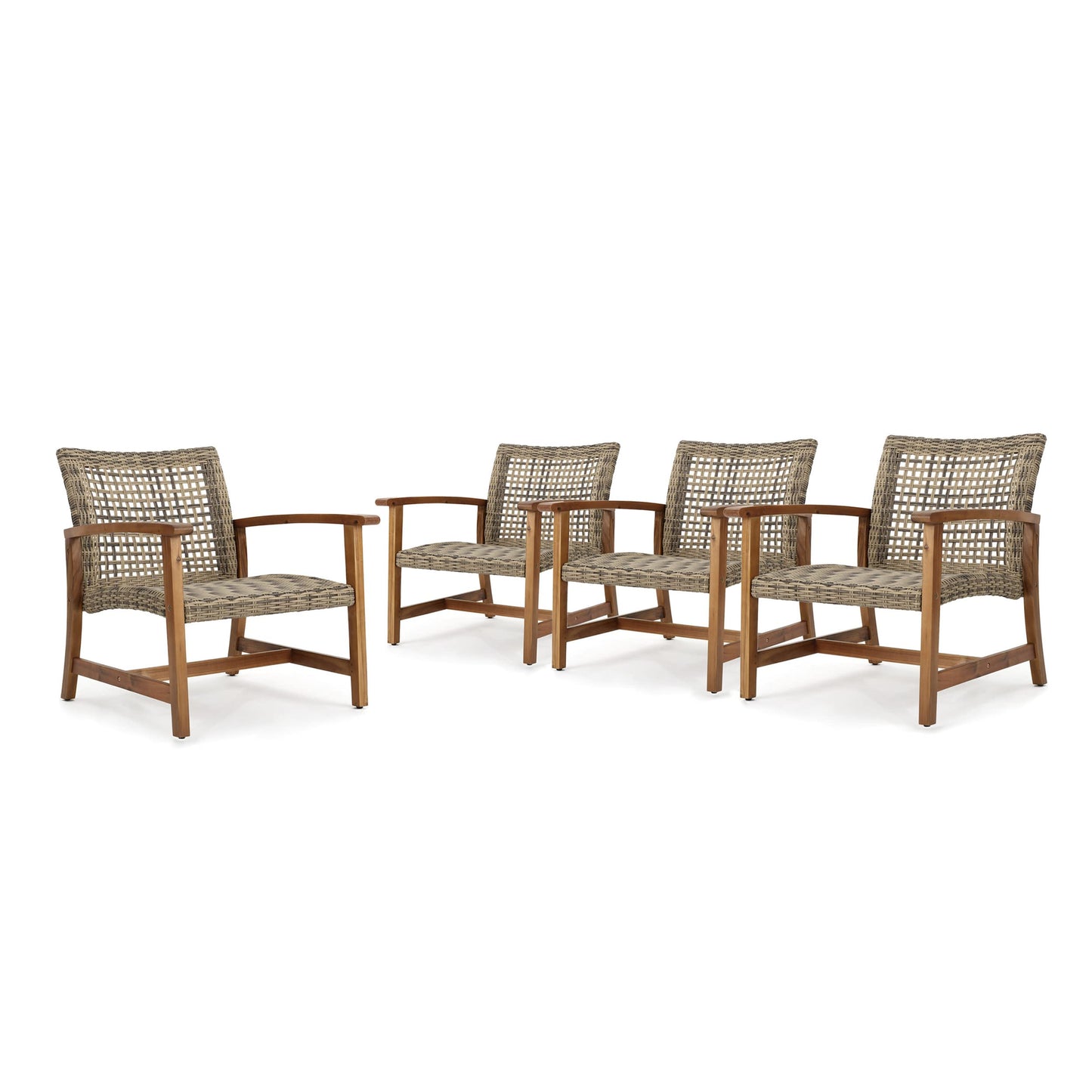 Christopher Knight Home Hampton Outdoor Mid-Century Wicker Club Chairs with Acacia Wood Frame, 4-Pcs Set, Natural Stained / Grey - WoodArtSupply