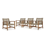 Christopher Knight Home Hampton Outdoor Mid-Century Wicker Club Chairs with Acacia Wood Frame, 4-Pcs Set, Natural Stained / Grey Christopher Knight Home