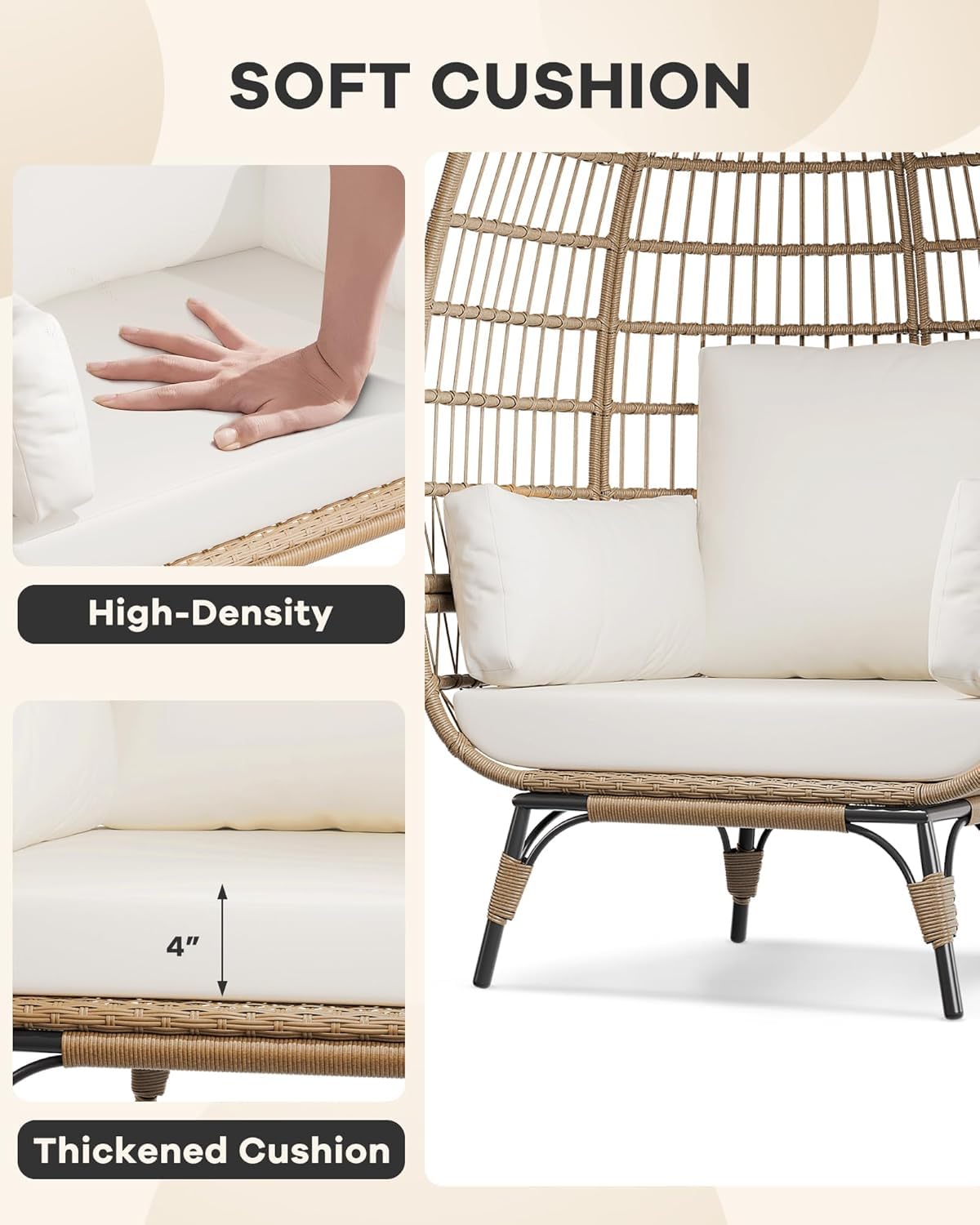 GAOMON Egg Chair, Oversized Wicker Outdoor Chairs with Luxury Cushions, 350LBs Capacity Steel Frame Patio Lounge Chaise for Indoor/Outdoor Use for Balcony, Living Room, Patio, White GAOMON