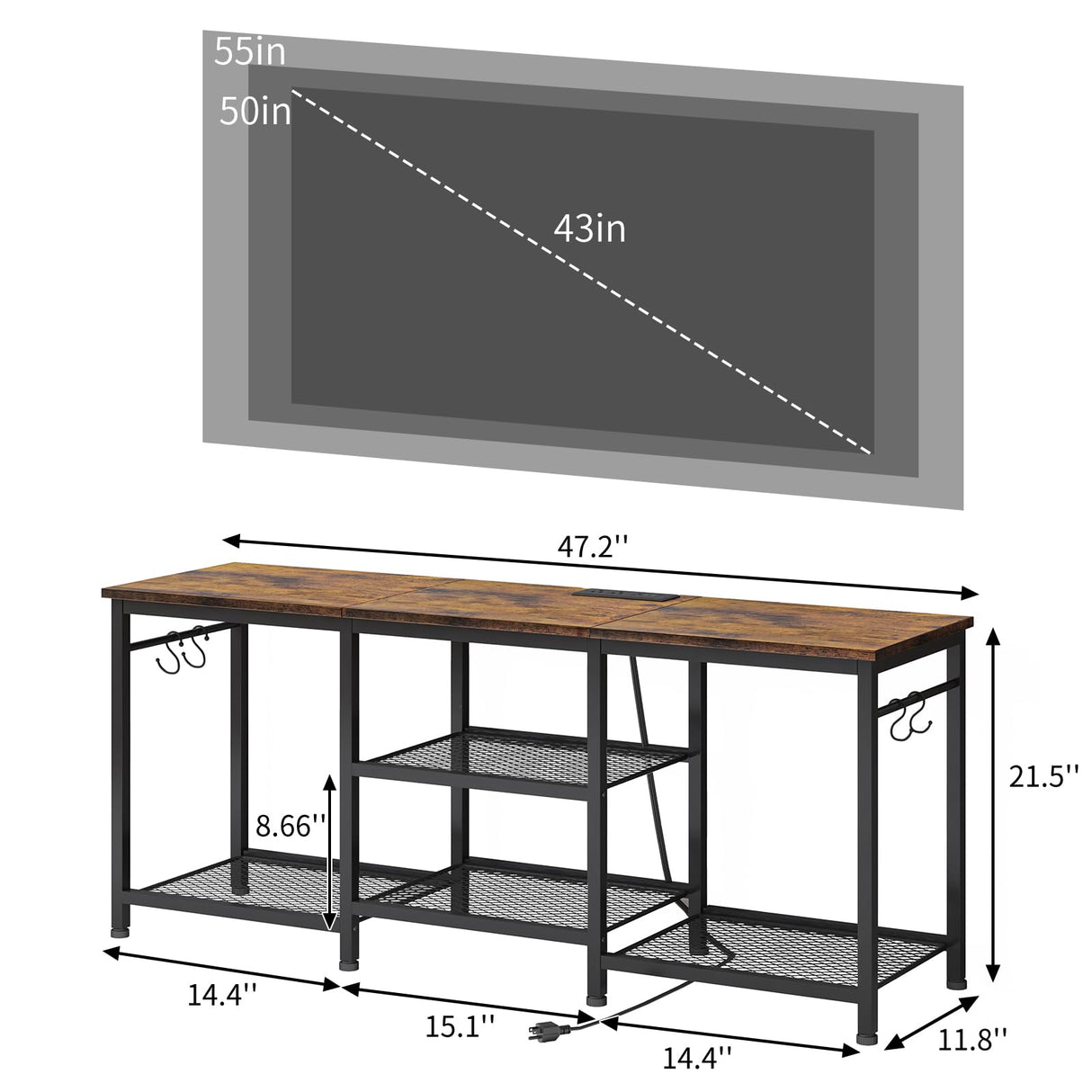 YGEOMER TV Stand Entertainment Center for 55 Inch TVs, with Charging Station and Lights Open Storage Shelves, TV Media Console, Open Storage Shelf with Sound Rack for Living Room, Rustic Brown YGEOMER