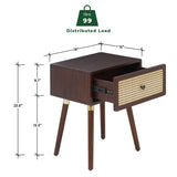 Bme Nipe Solid Wood and Rattan Boho Nightstand with Drawer, Walnut Finish Bme