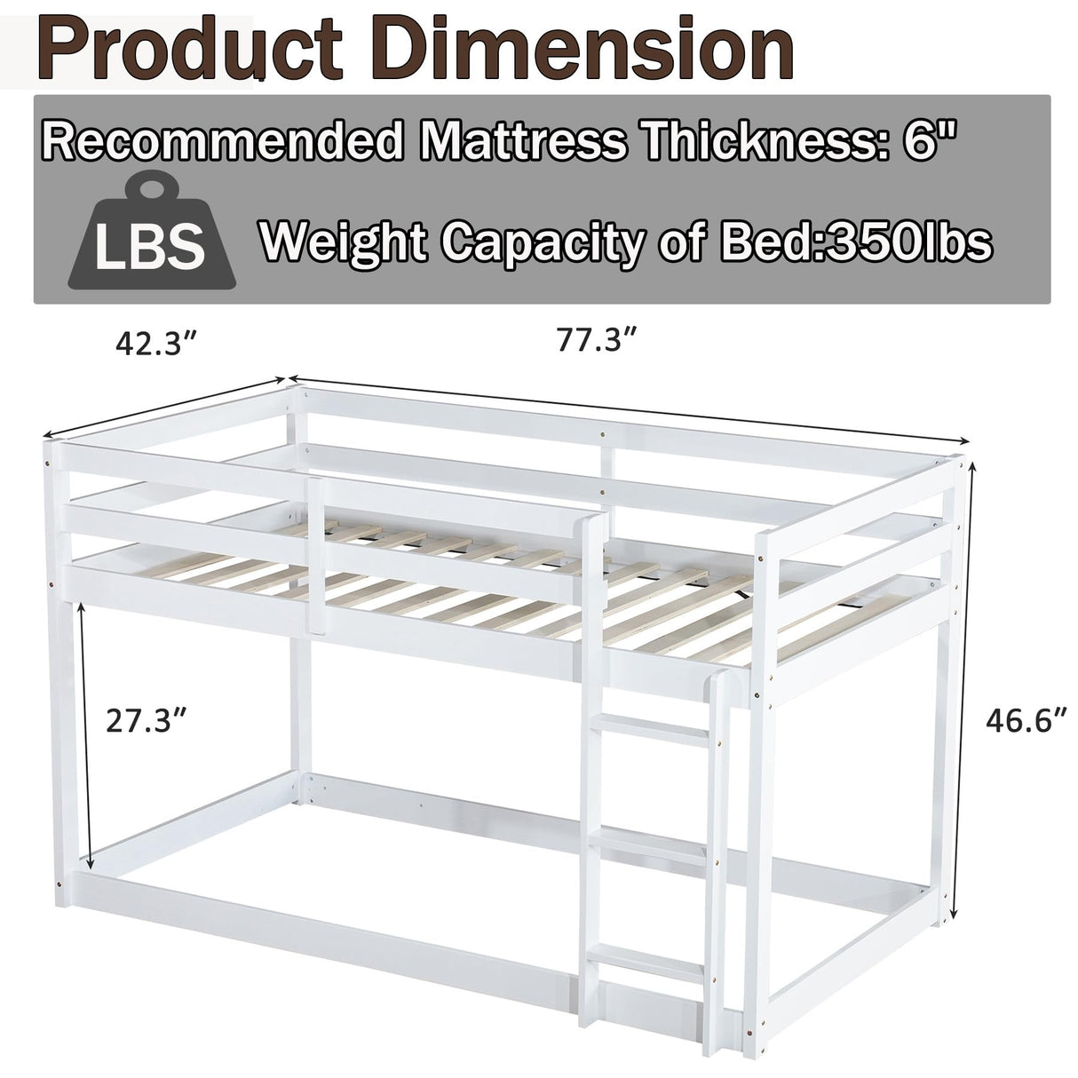 Anwick Low Bunk Bed Twin Over Twin, Floor Bunk Bed with Stairs, Twin Bunk Bed with High Rails Guardrail, Wooden Bunk Beds for Kids Girls Boys, No Box Spring Needed (White) Anwick