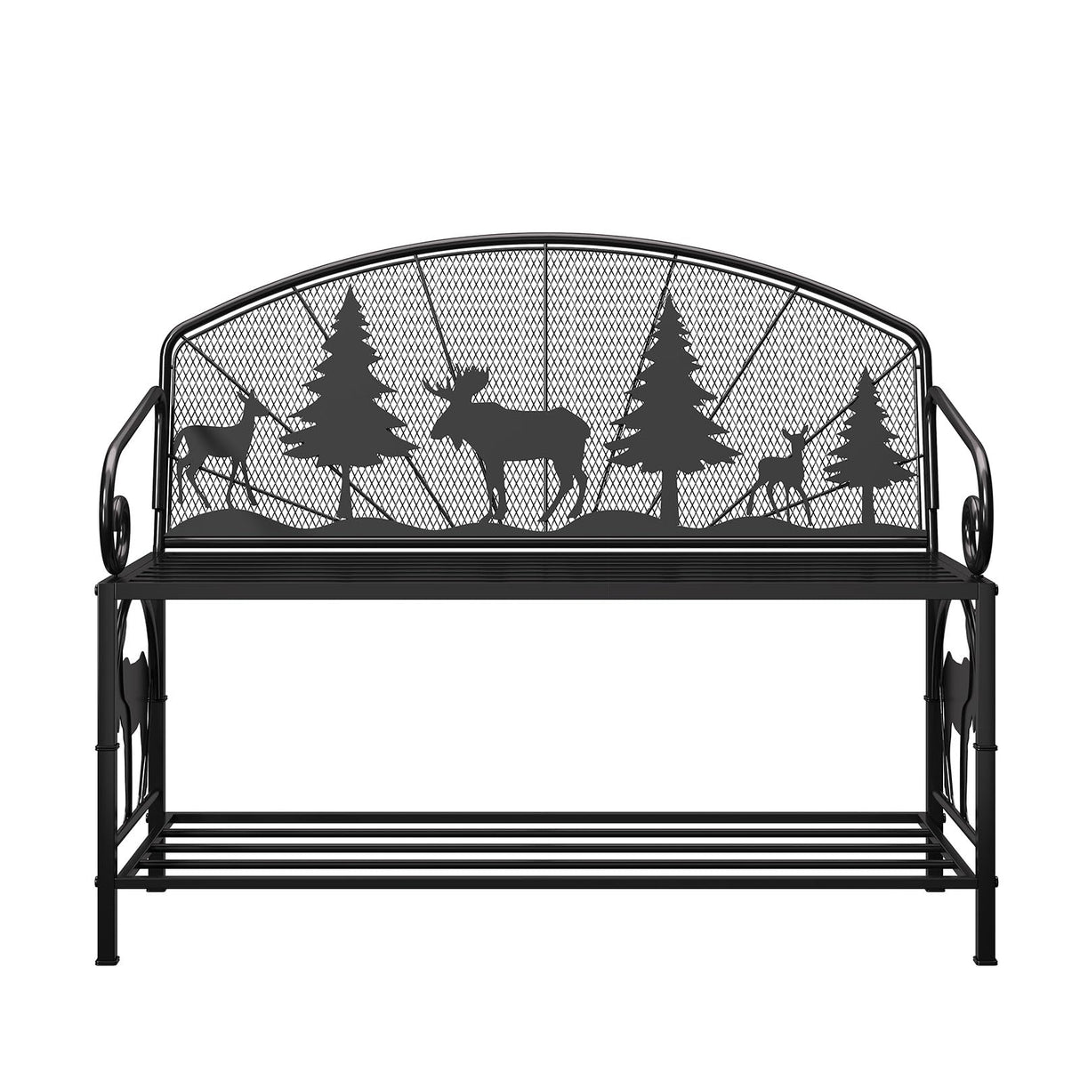 HavenlyYouth Outdoor Bench, Garden Bench with Backrest and Armrests, Patio Bench with Forest Series Pattern, Anti- Rust Thickened Metal Bench Outdoor for Garden, Yard, Patio, Porch, Lawn and Park HavenlyYouth