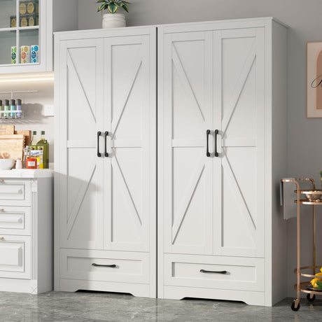 CARPETNAL 72" Tall Farmhouse Kitchen Pantry with Adjustable Shelves, Large Wood Storage Cabinet with Drawer & 2 Barn Doors, Freestanding Storage for Dining Room, Bathroom, Living Room, White, Set of 2 CARPETNAL