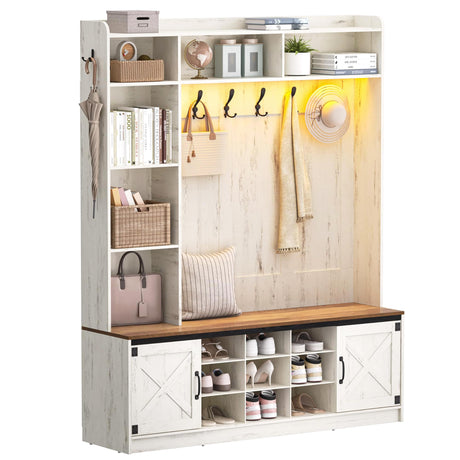 Hzuaneri 59.8" Hall Tree, LED Farmhouse Entryway Storage and Coat Rack Wood, Entryway Furniture with 7 Hooks, Hall Tree with Bench and Storage, 6 Storages Partitions Shoe Bench, Rustic White HT24814B Hzuaneri