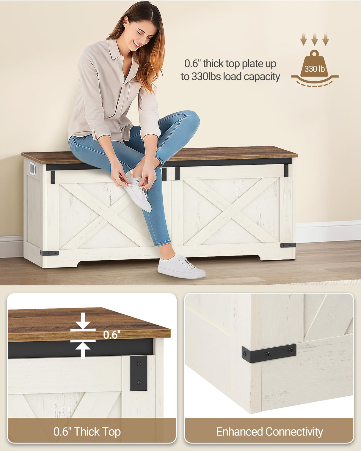 Hzuaneri 47.2" Storage Chest, Large Storage Trunk with 2 Hinges, Farmhouse Wooden Box Bench, Lift-Top Organizer Chest, Entryway Trunk for Bedroom, Living Room, White and Brown SB12114X Hzuaneri