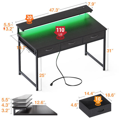 ODK 48 Inch Computer Desk with 3 Drawers and USB Power Outlets, Home Office Desks with LED Lights and Adjustable Monitor Stand, Work from Home, Modern Work/Writing/Study Table for Bedroom, Bl - WoodArtSupply