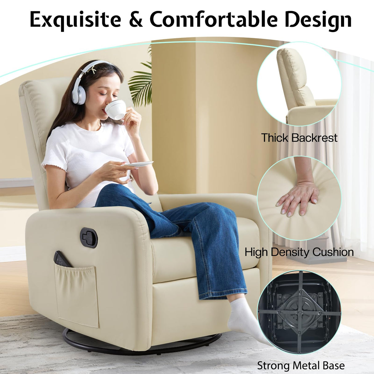 Jocisland Swivel Rocker Recliner Chair for Adults, Nursery Rocking Reclining with High Back, Small Glider for Small Spaces/Living Room/Bedroom/Nursing, Cream Leather Jocisland