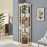 JIJIWANG 70" H Corner Glass Cabinet Lighted Curio Cabinet Corner Display Case for Living Room, Curio Cabinet, Antique Collection, Wine,Bar Glass Storage Light Included, Antique White JIJIWANG